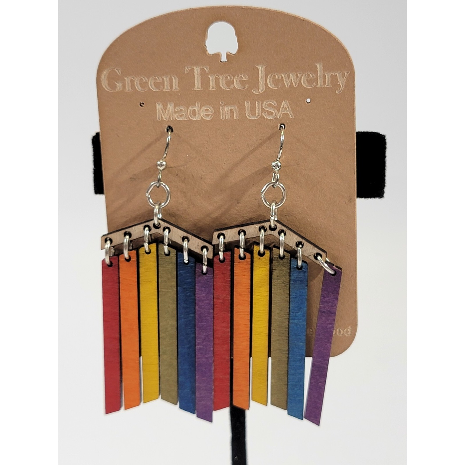 Green Tree Jewelry Rainbow Wood Dangle Fringe Tassel Earrings Boho Pride Usa New